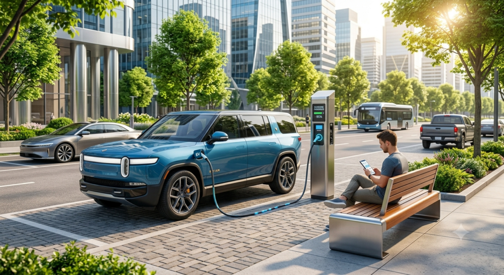 Modern electric SUV charging at a public charging station while the owner compares EV insurance plans on a smartphone.