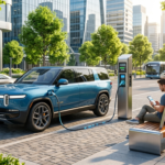 Modern electric SUV charging at a public charging station while the owner compares EV insurance plans on a smartphone.