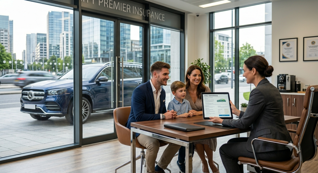 Professional insurance advisor explaining full coverage and liability auto insurance options to a family purchasing vehicle insurance.
