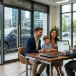 Professional insurance advisor explaining full coverage and liability auto insurance options to a family purchasing vehicle insurance.