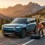 Roadside assistance technician changing a flat tire on a luxury SUV parked on a mountain highway during sunset.