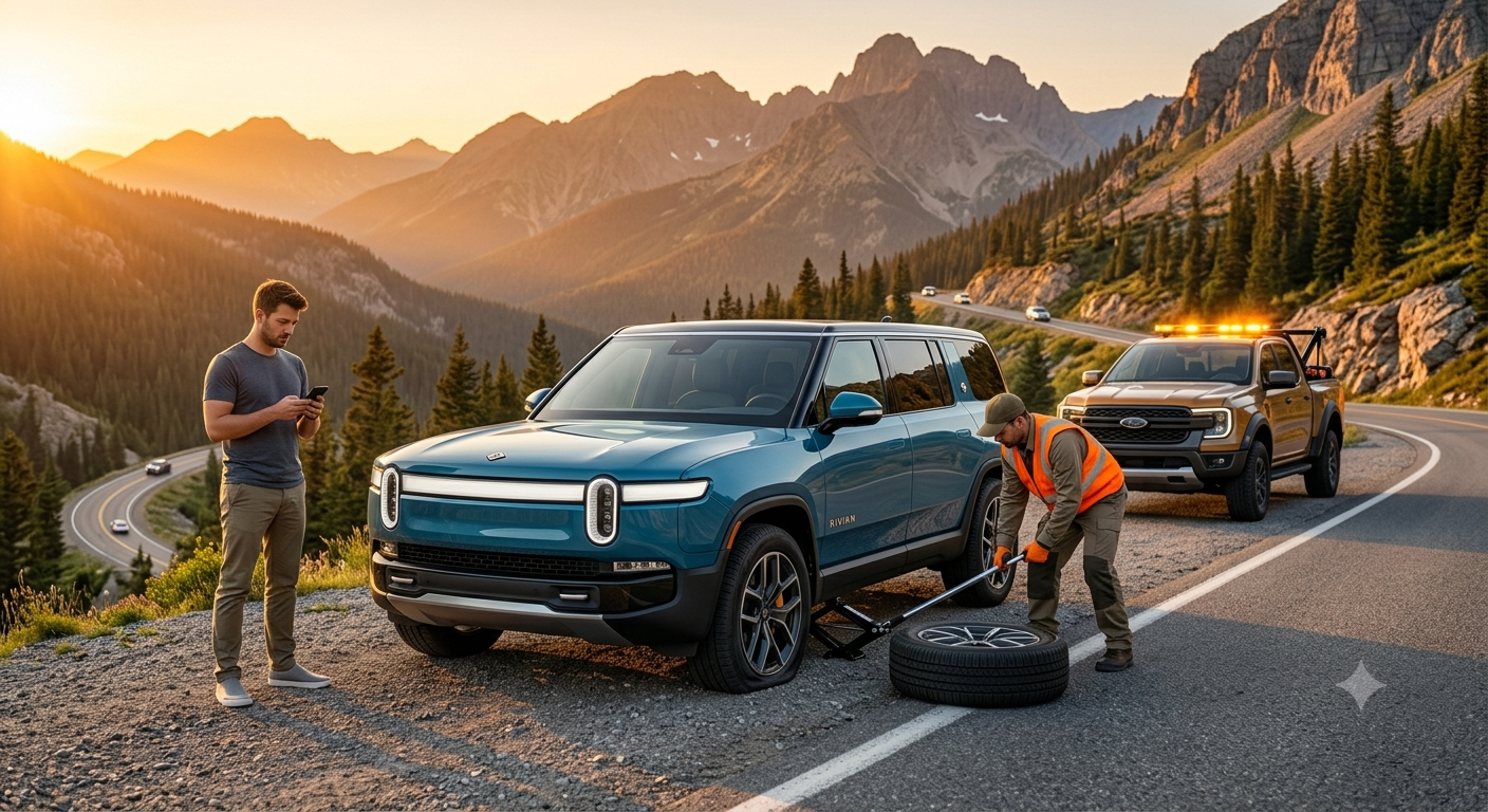 Roadside assistance technician changing a flat tire on a luxury SUV parked on a mountain highway during sunset.