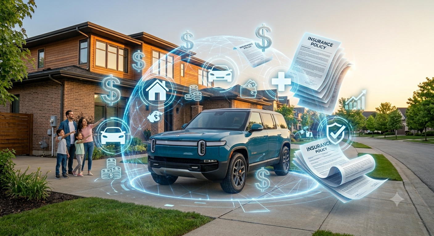 Family SUV protected by digital insurance shield representing affordable car insurance savings in the USA