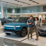 Young couple comparing new SUVs and sedans inside a modern car dealership while checking insurance costs on a tablet.
