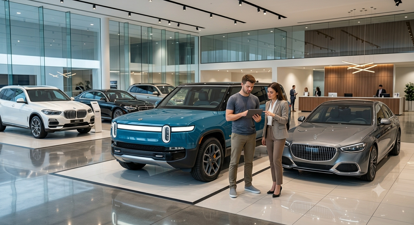 Young couple comparing new SUVs and sedans inside a modern car dealership while checking insurance costs on a tablet.