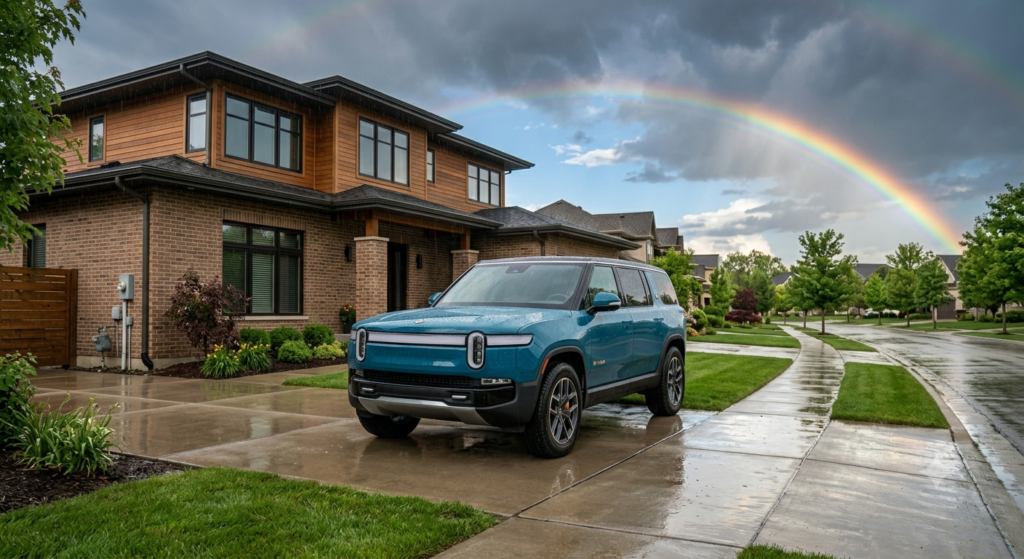 Luxury SUV parked safely outside a suburban home after heavy rain with a rainbow in the background, representing comprehensive car insurance protection.