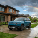 Luxury SUV parked safely outside a suburban home after heavy rain with a rainbow in the background, representing comprehensive car insurance protection.