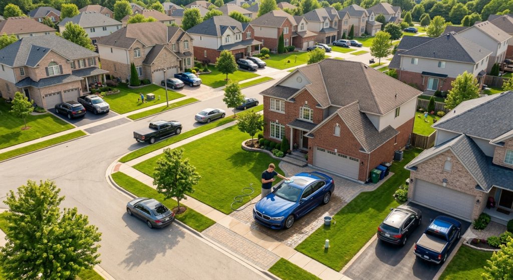 Young car owner washing a blue sedan in a suburban neighborhood while checking car insurance savings on a smartphone.